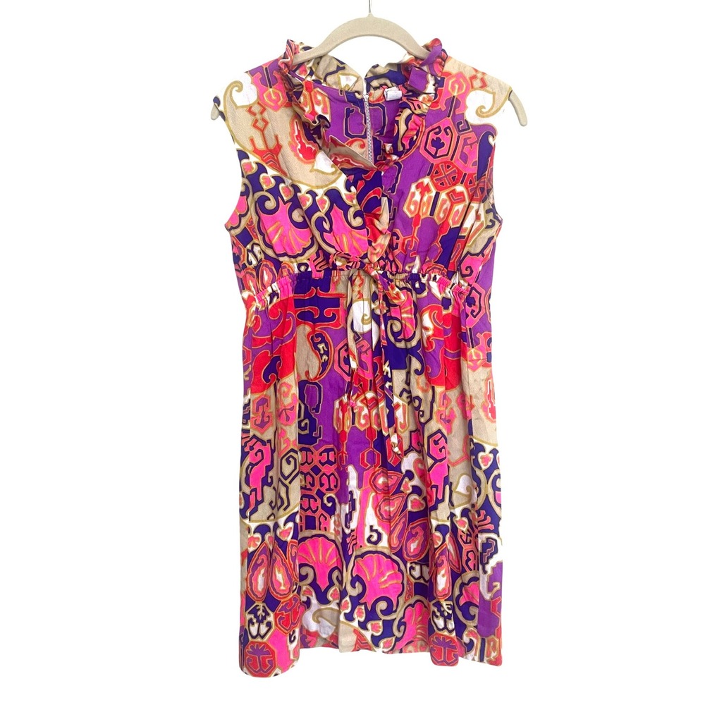 Vintage 60s mini dress Psychedelic Abstract Ruffle Neck Empire Waist Purple Pink